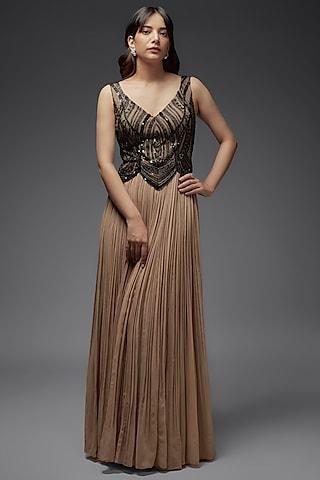 beige georgette & net beaded gathered gown