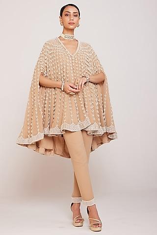 beige georgette embellished asymmetric cape set