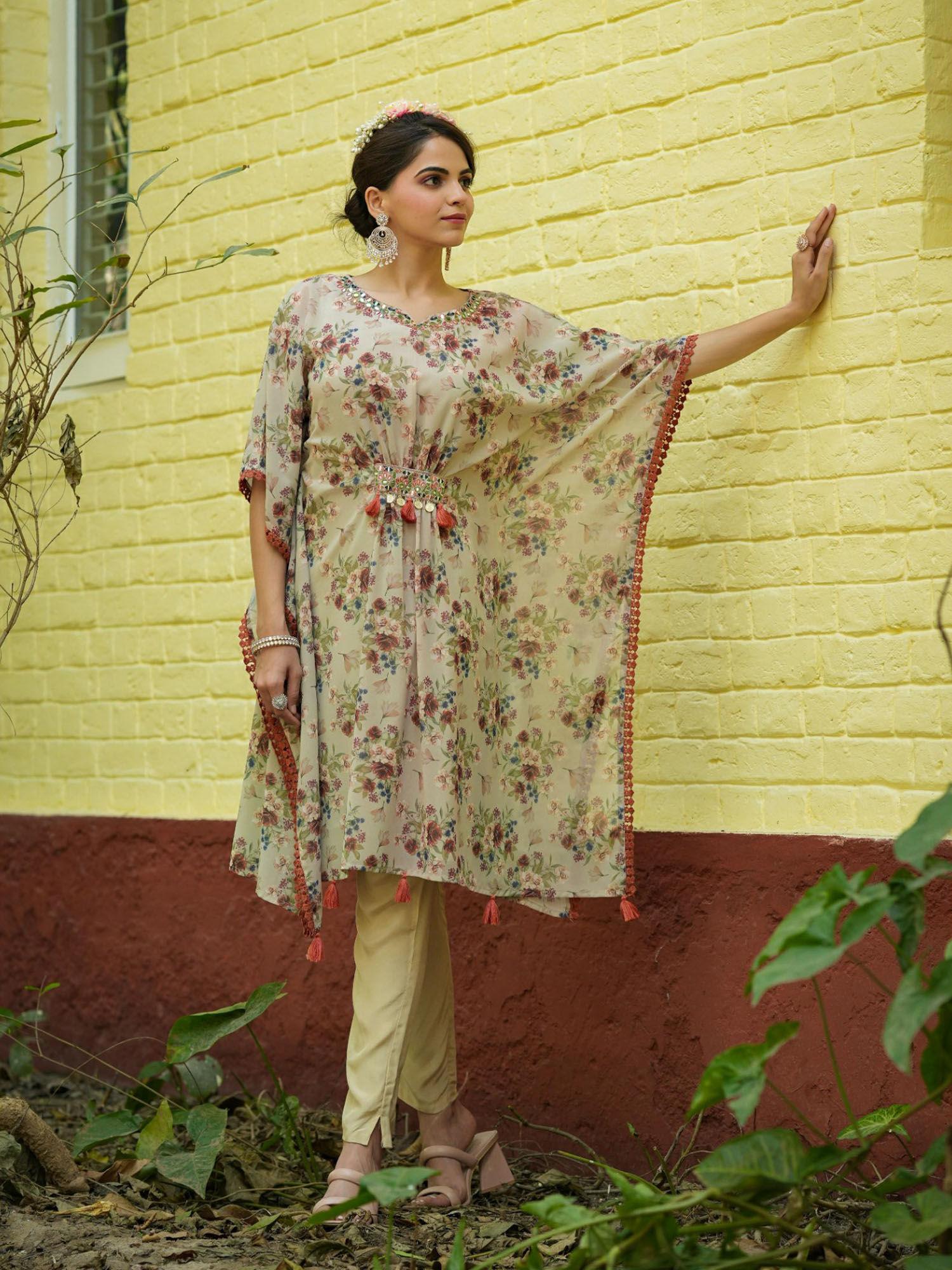 beige georgette kaftan tunic with trousers (set of 3)