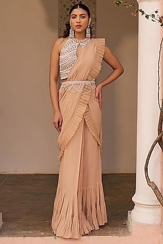 beige georgette pre-draped saree set