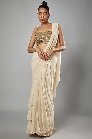 beige georgette ruffled saree set