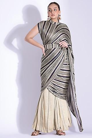 beige georgette satin digital printed pant saree set