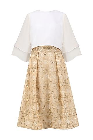 beige glistening sunset skirt with  ivory flounce crop top