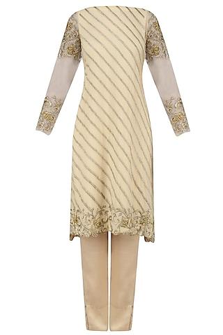 beige gold and silver embroidered a line kurta and pencil pants set