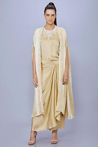 beige gold blended satin pearl embroidered cape set