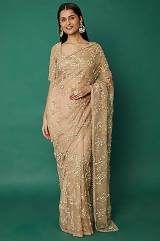 beige gold embellished saree set