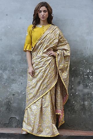 beige gold printed saree set
