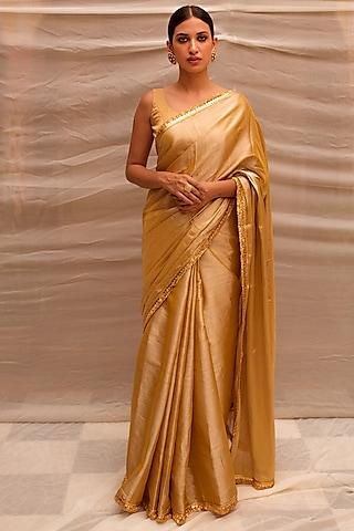 beige gold silk chanderi tissue saree with kiran work