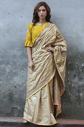 beige gold silk ikat printed saree