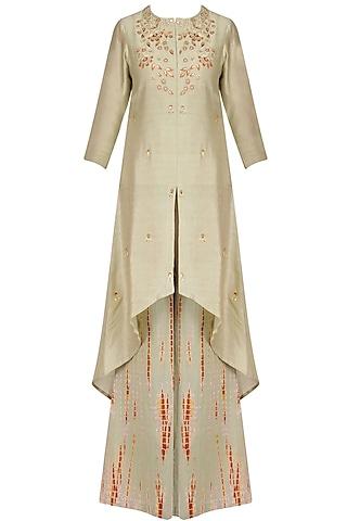 beige gota patti work c cut kurta with shibori palazzo pants