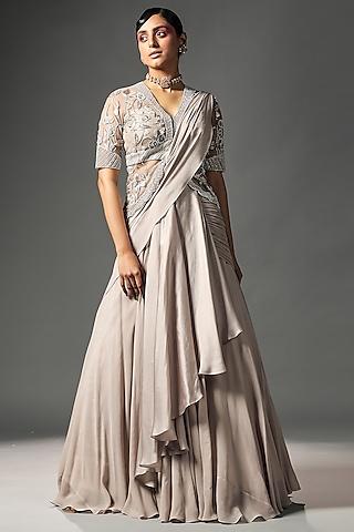 beige grey chiffon pre-stitched draped jacket saree set