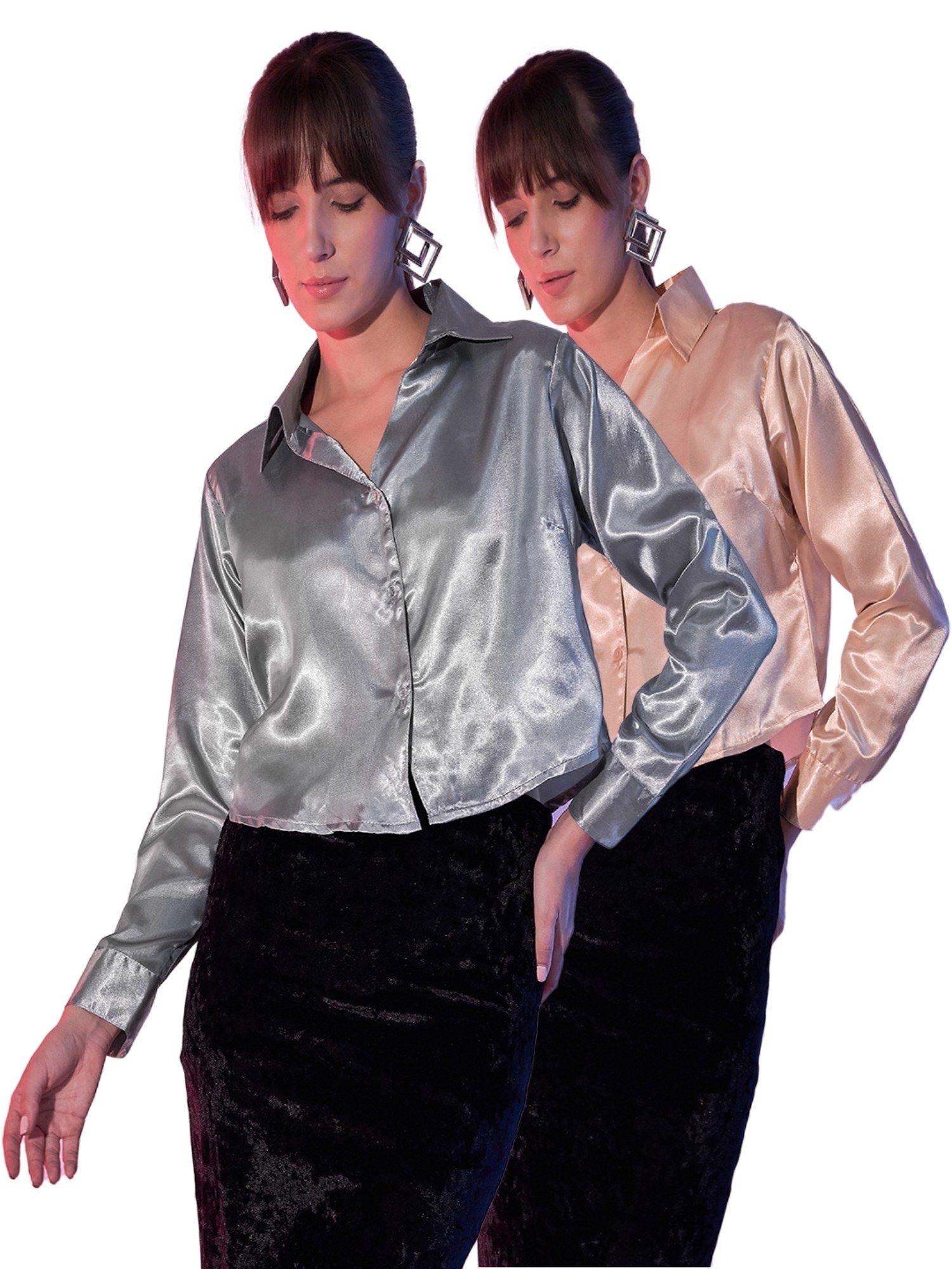 beige grey womens cropped satin shirts combo (pack of 2)