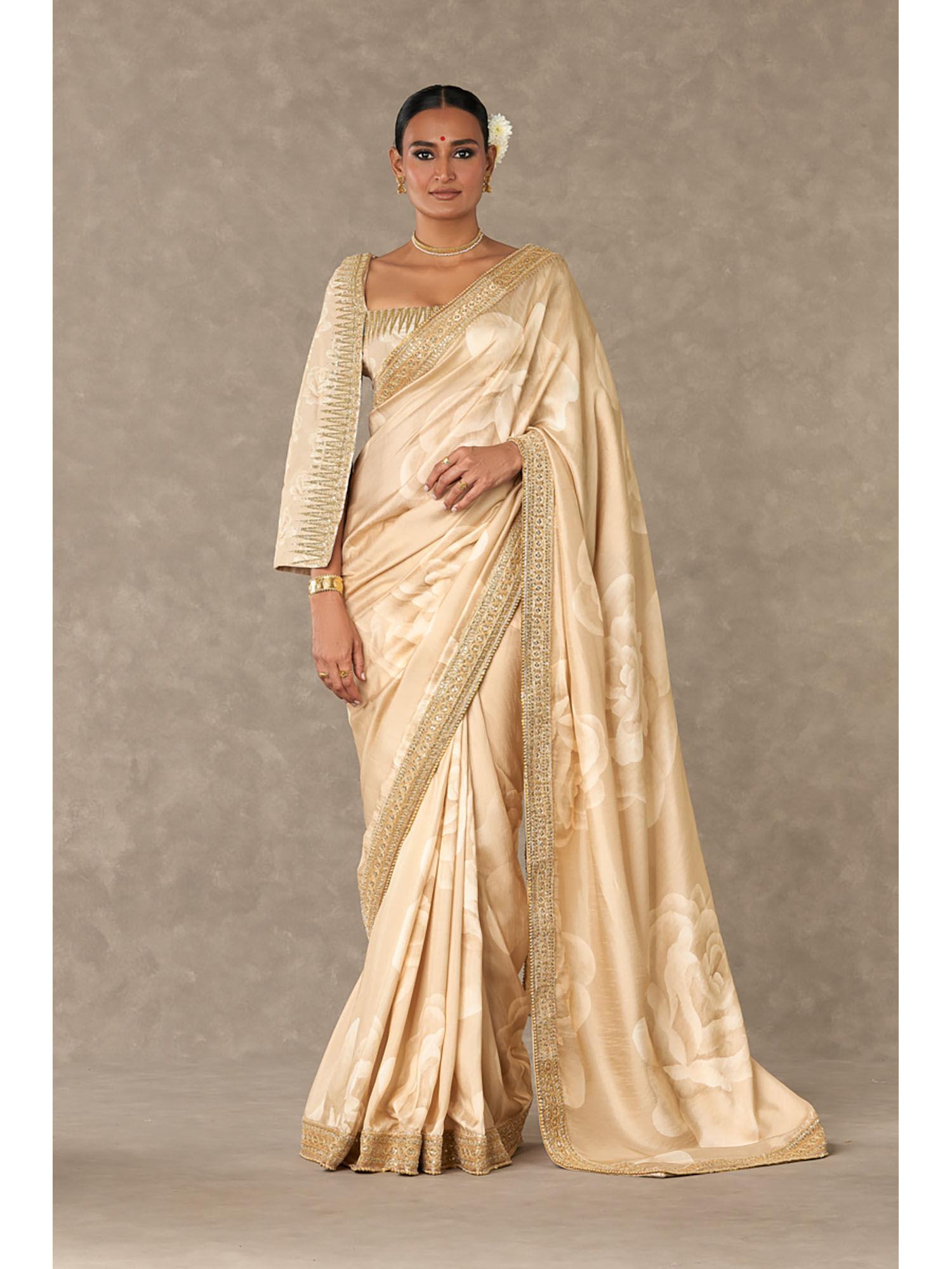 beige gulaab saree with stitched blouse