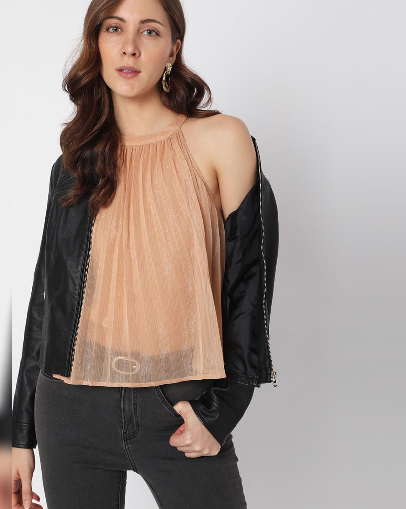 beige halter neck shimmer top