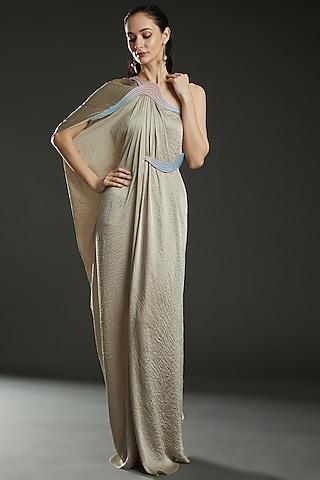 beige hammered satin asymmetric draped gown