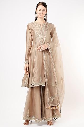 beige hand embroidered anarkali set