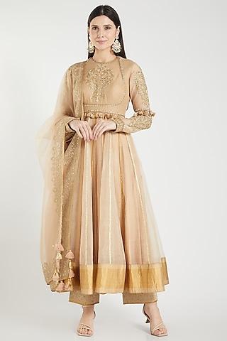 beige hand embroidered anarkali set