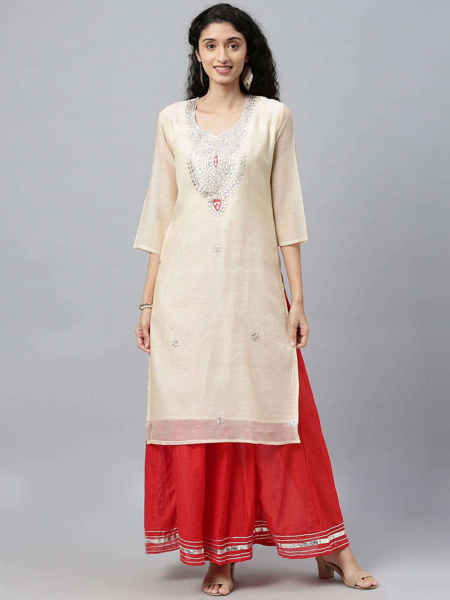 beige hand embroidered chanderi silk kurta with red palazzo