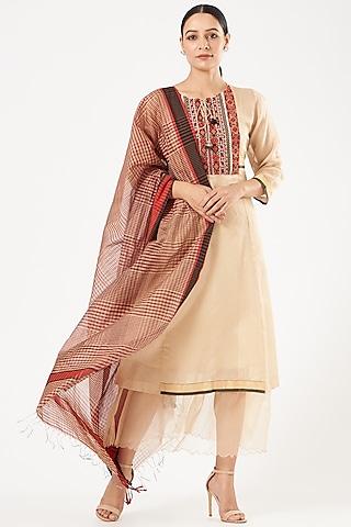 beige hand embroidered kurta set