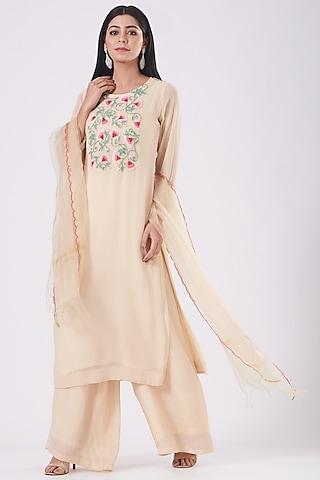 beige hand embroidered kurta set