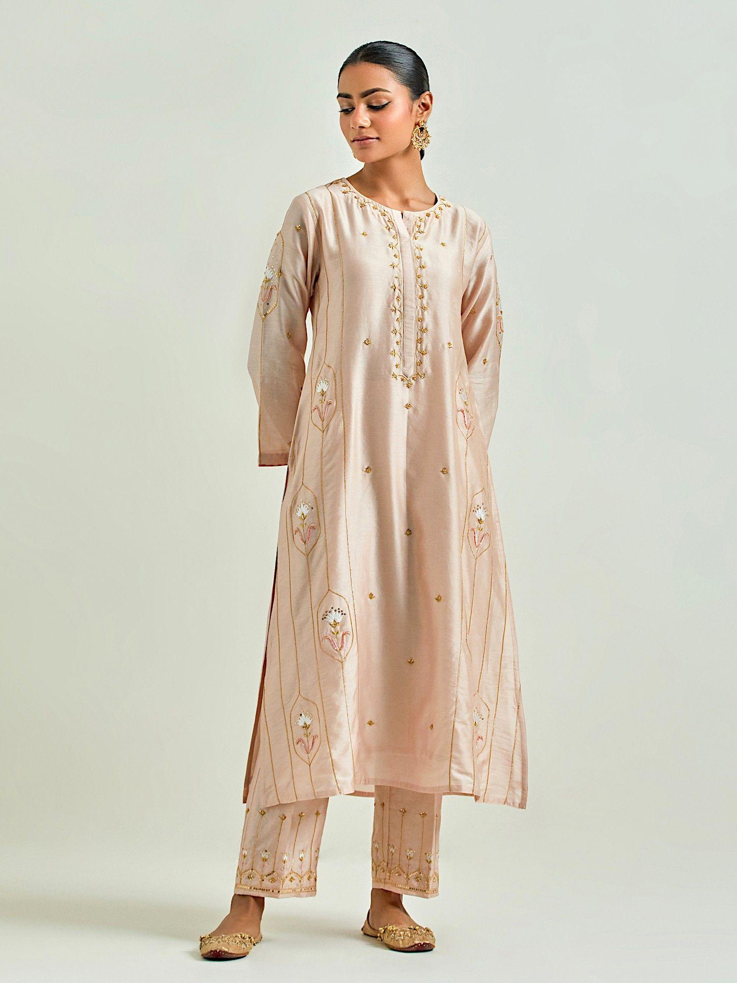 beige hand embroidered silk chanderi kurta with gota