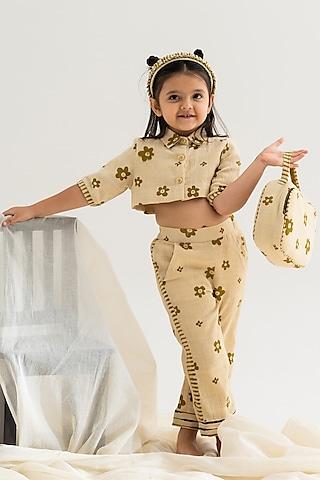 beige hand printed pant set for girls