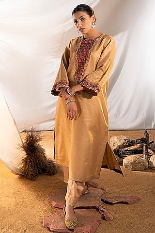 beige handloom cotton zari tissue silk thread embroidered kurta set