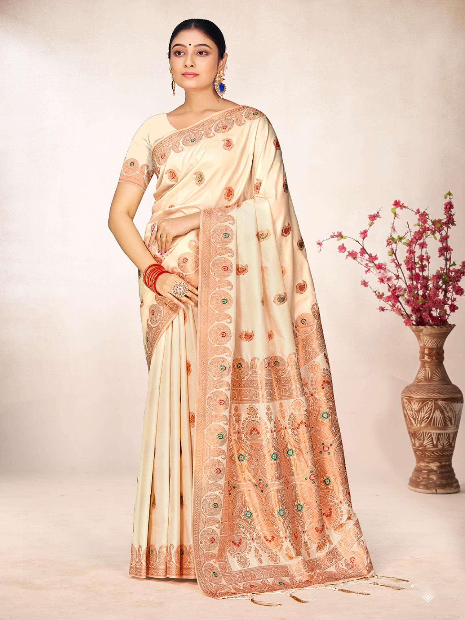 beige handloom silk saree with unstitched blouse