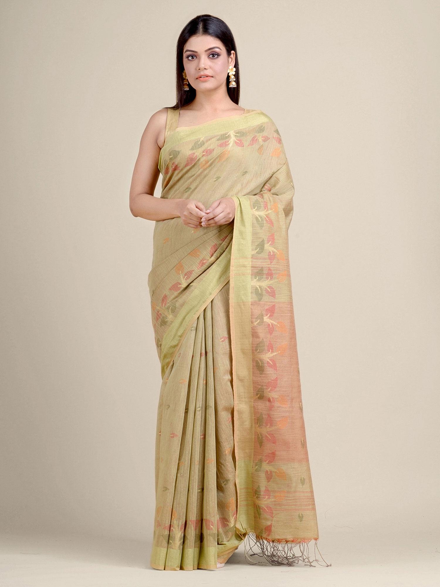 beige handwoven blended cotton zari weaving saree with un-stitched blouse