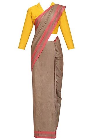 beige handwoven saree and checkered blouse set