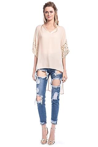 beige high-low embroidered tunic