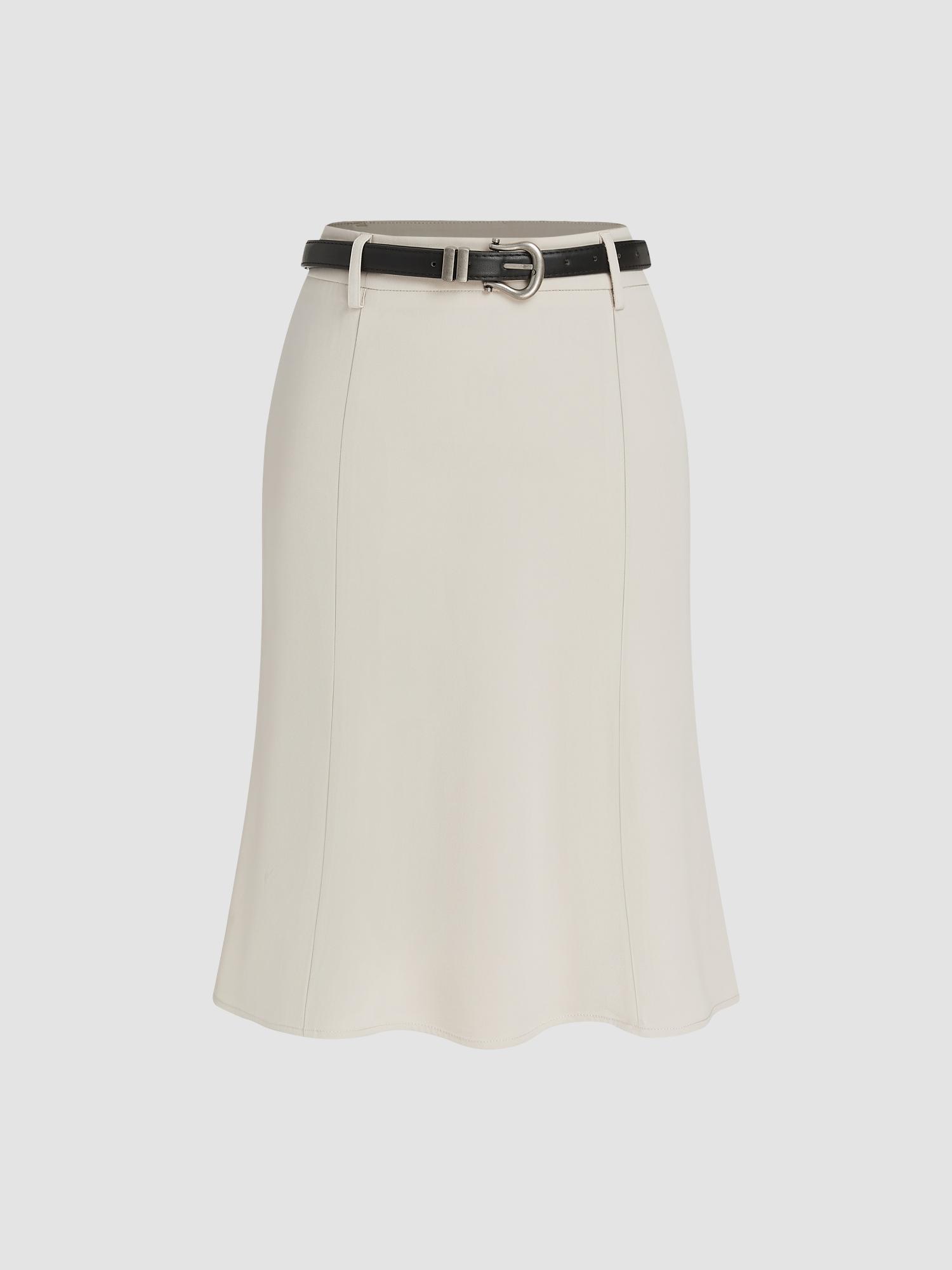 beige high rise solid midi skirt with belt (set of 2)