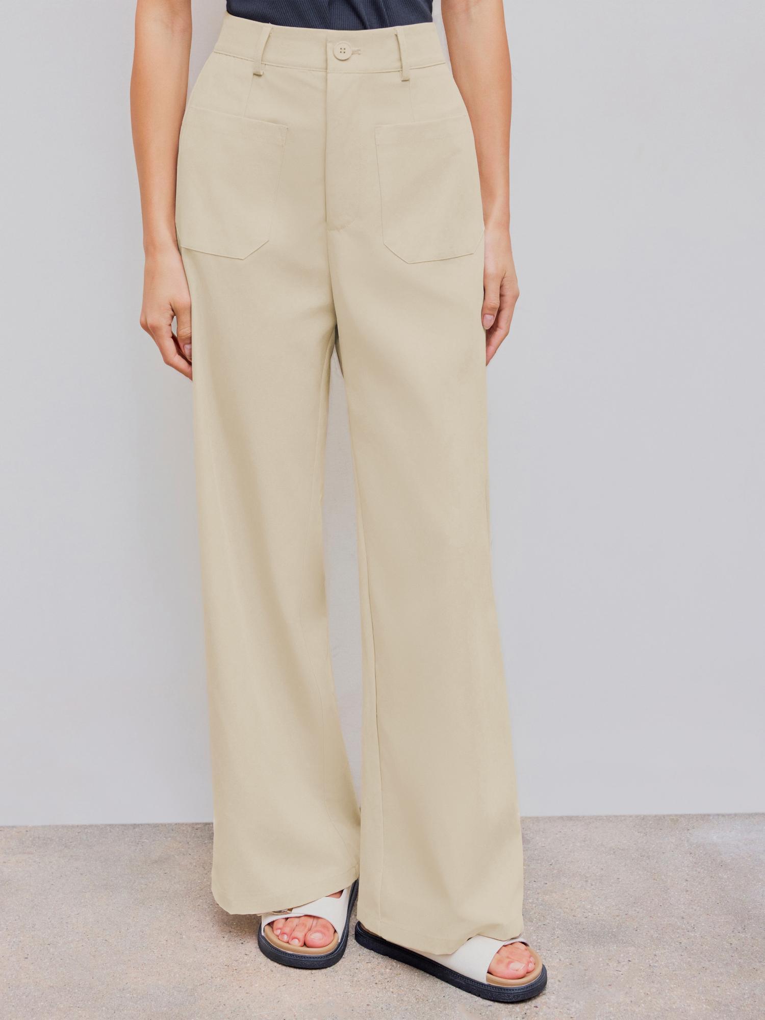 beige high rise solid pocket wide leg trouser