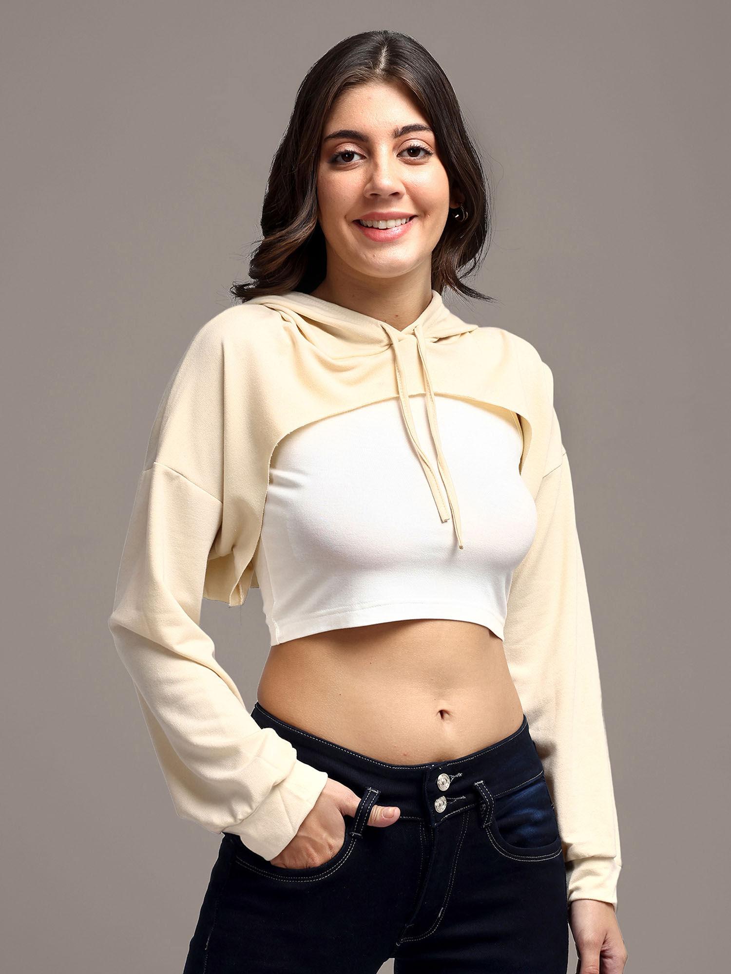 beige hooded long sleeve crop top