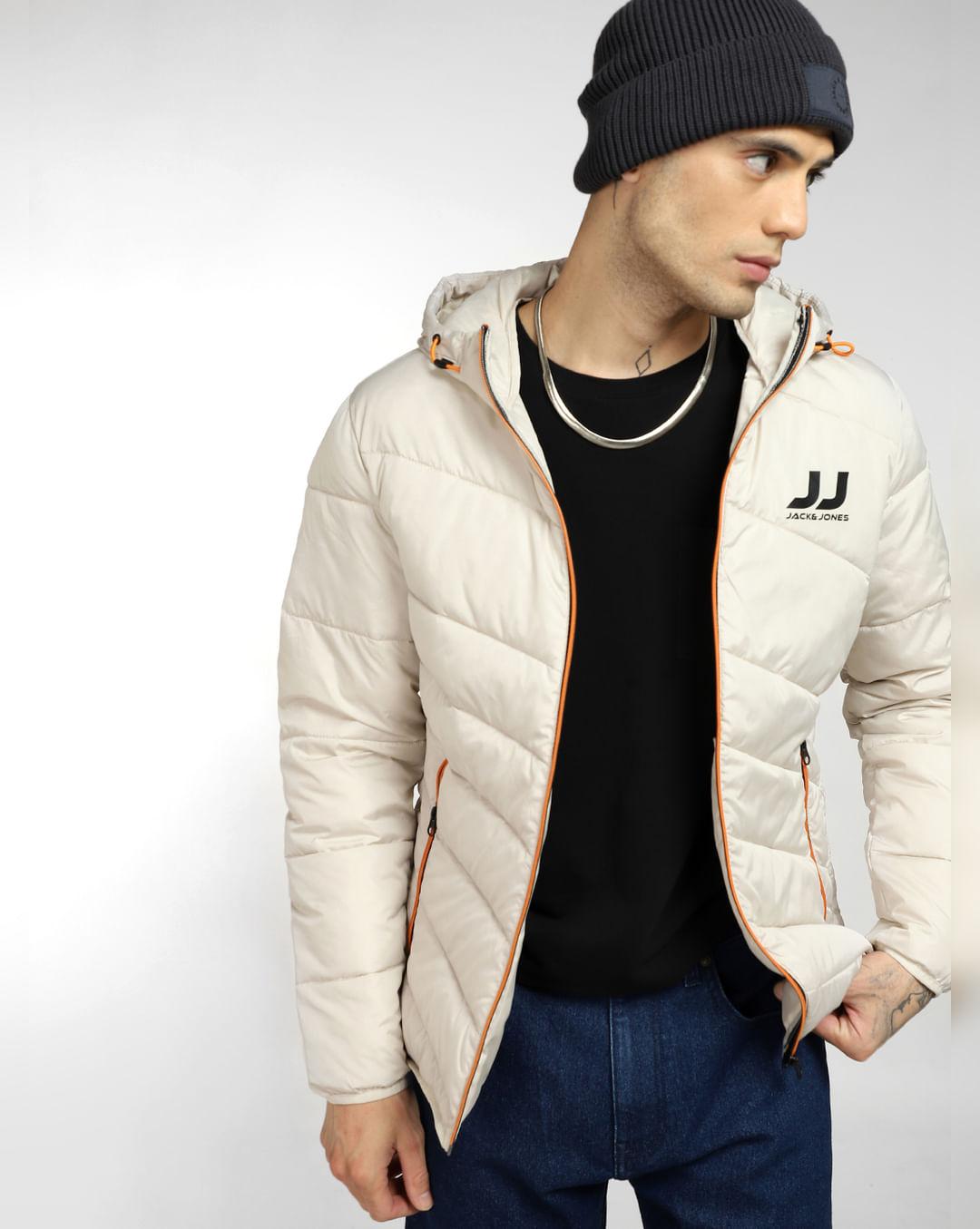 beige hooded puffer jacket