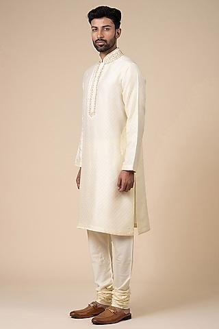 beige jacquard embroidered kurta set