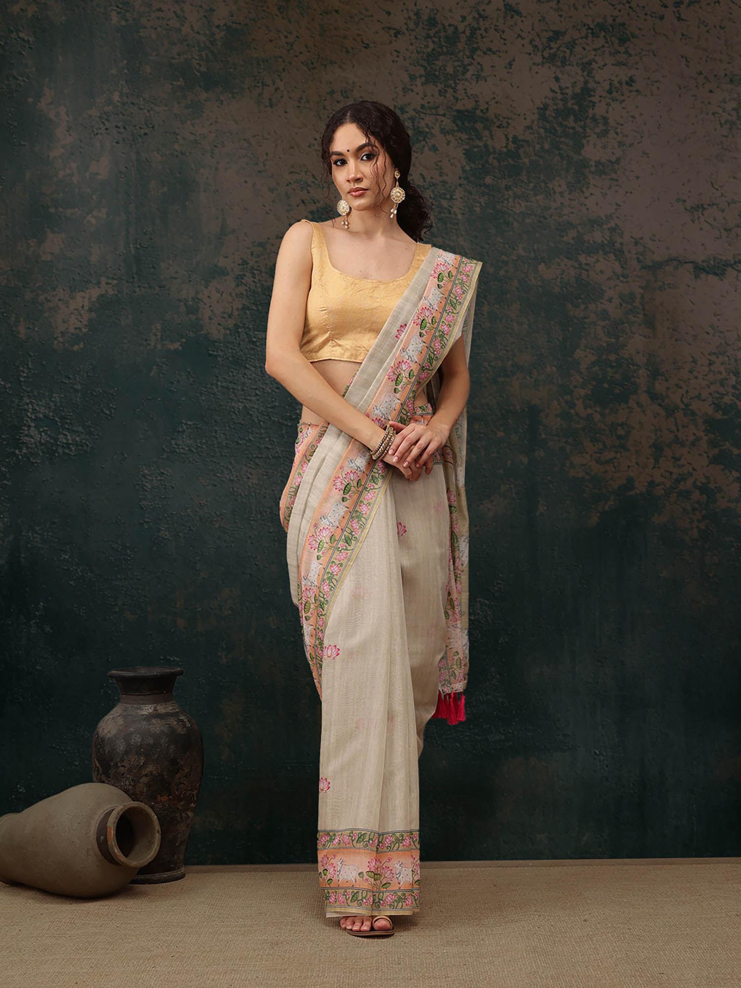 beige kalamkari cotton blend printed saree with unstitched blouse