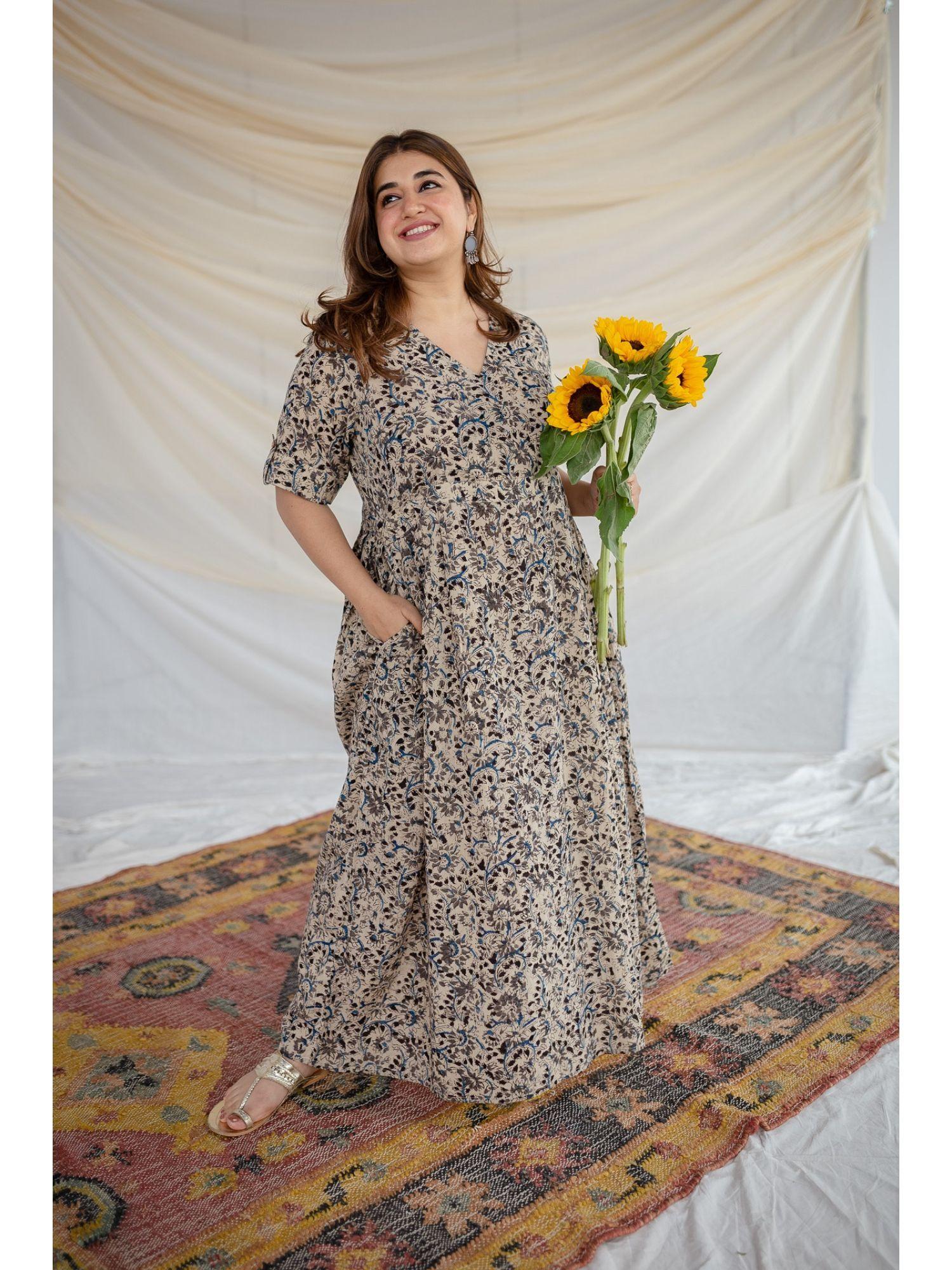 beige kalamkari cotton maxi dress