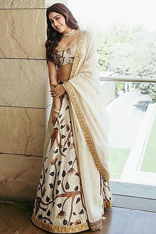 beige kalamkari printed lehenga set