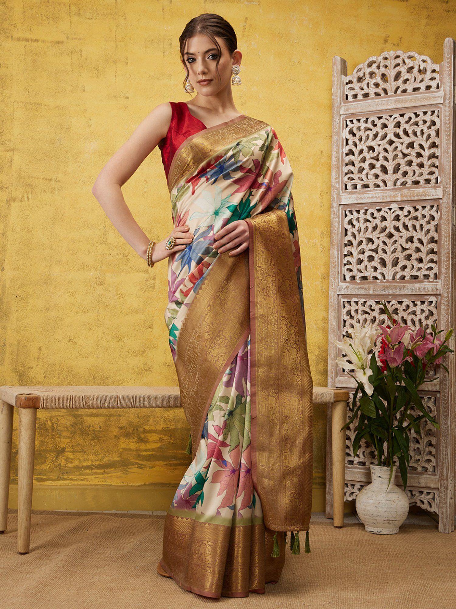 beige kanjeevaram soft silk floral printed saree with tassel and unstitched blouse