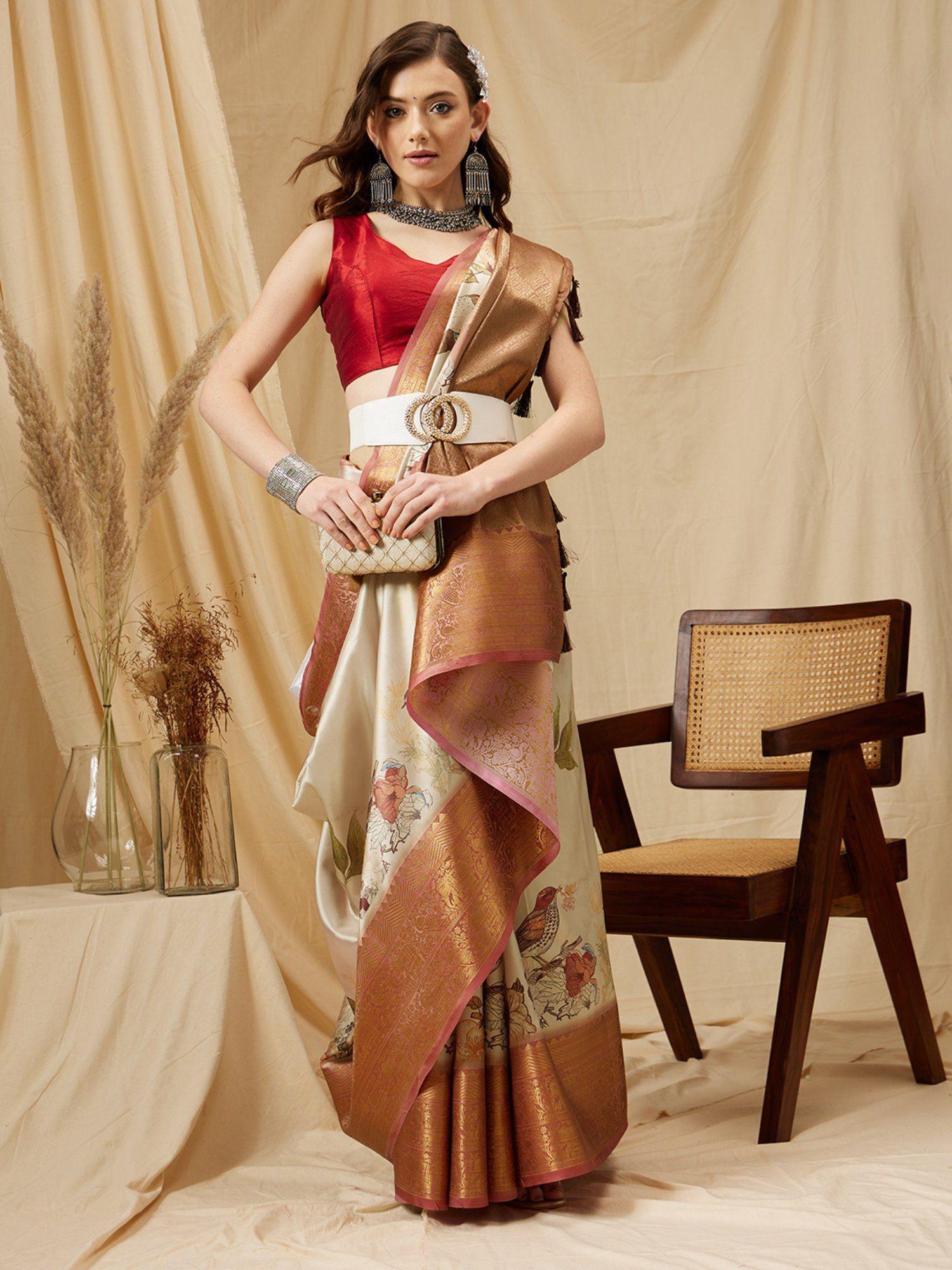 beige kanjeevaram soft silk printed saree with tassel and unstitched blouse