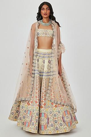 beige kasab satin printed & embellished 16 kali lehenga set