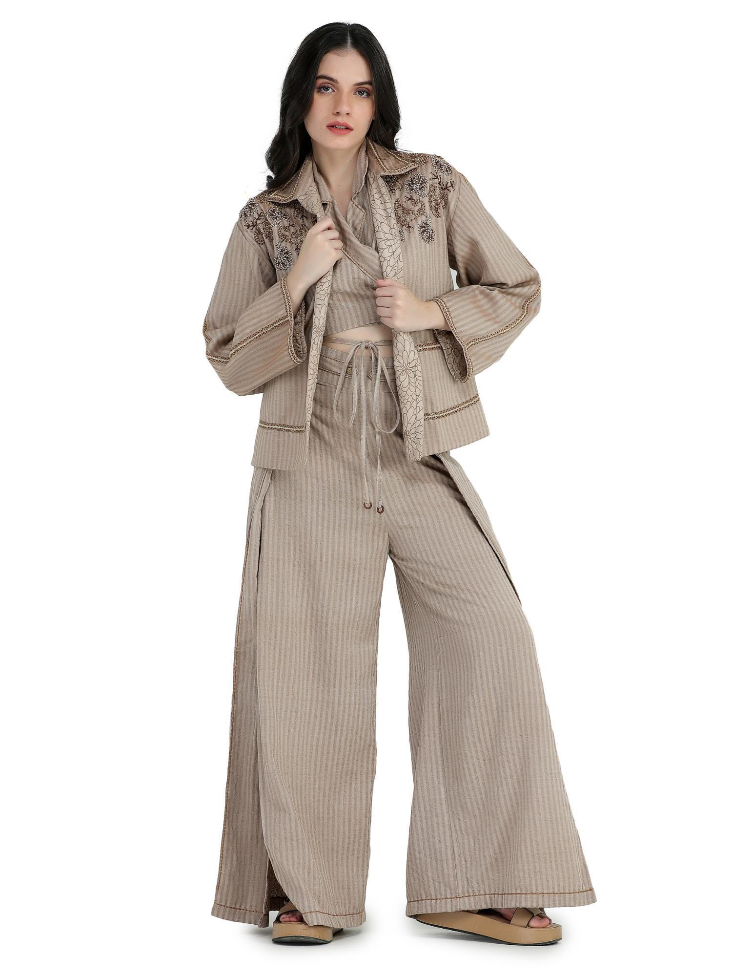 beige khadi and jacket with top, slit pant (set of 3)