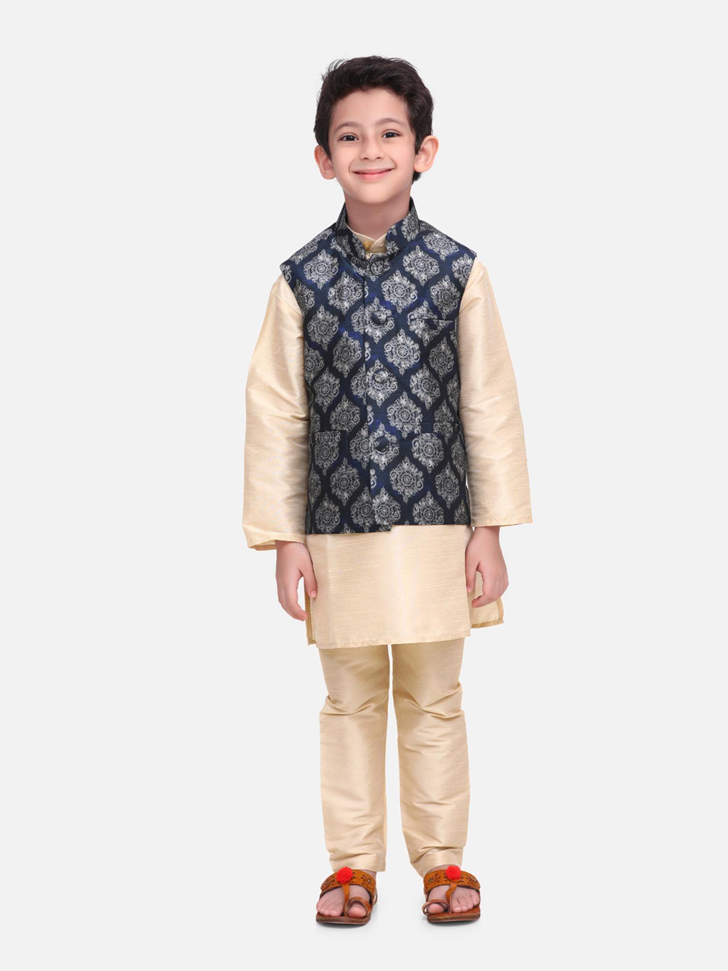 beige kurta churidar with blue motif digital print nehru jacket printed