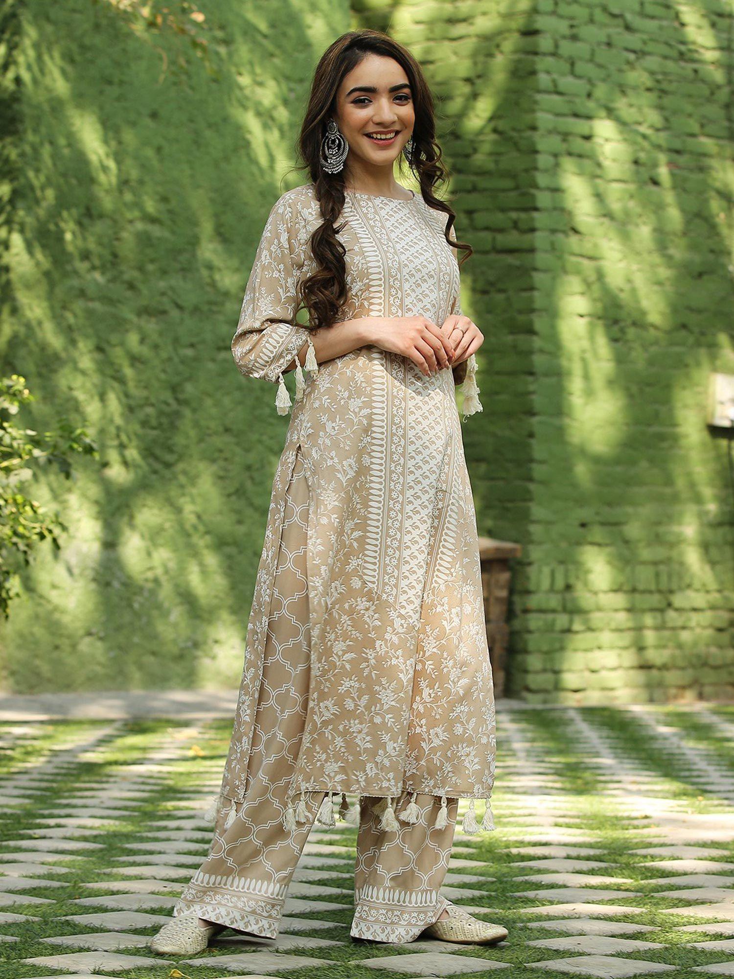 beige kurta palazzo with tassel details (set of 2)