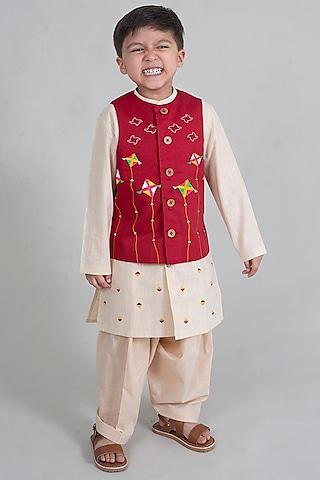 beige kurta set with embroidered jacket for boys