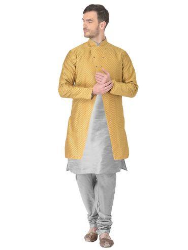 beige kurta set with jacket for men (set of 3)