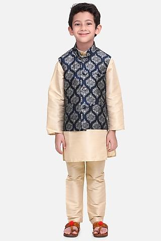 beige kurta set with midnight blue nehru jacket for boys