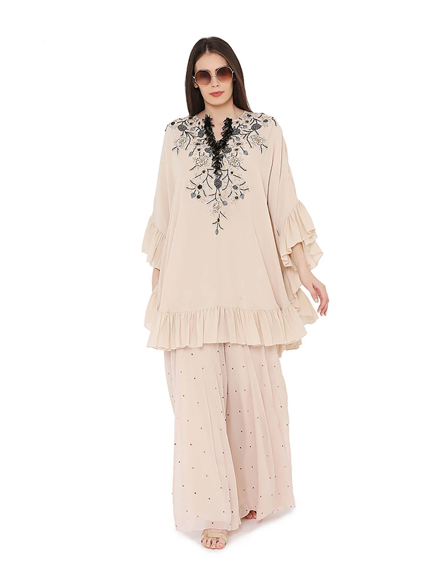 beige kurta with dot mukaish sharara (set of 2)