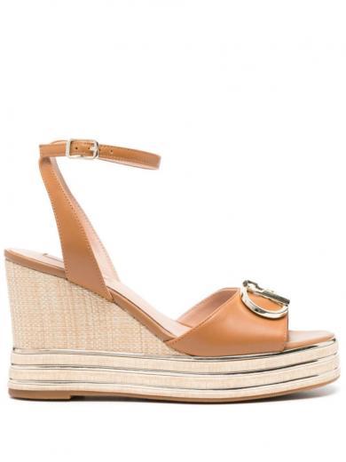 beige leather wedges